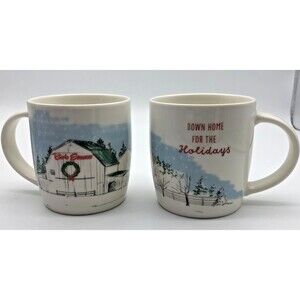 Bob Evans Down Home for the Holidays Coffee Mug Set of 2 Farm Barn Country Xmas